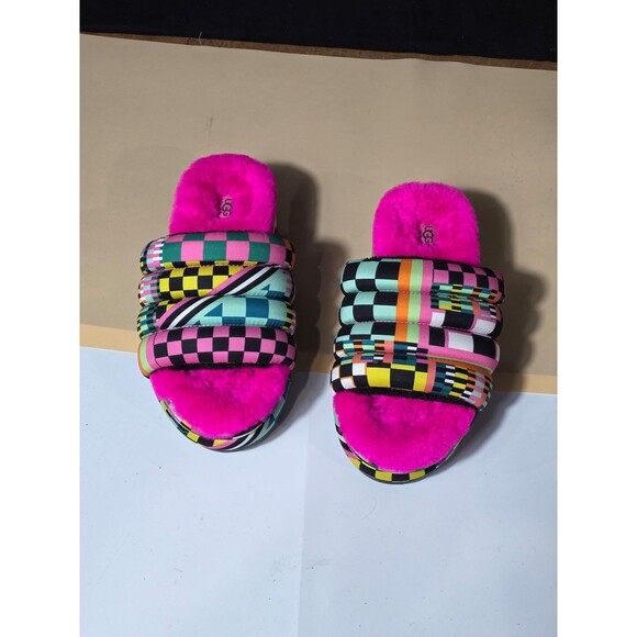 UGG Shoes - UGG Colorblock Puffy Slide Slippers Women’s Size 8 – Neon Pink Multi Color Check